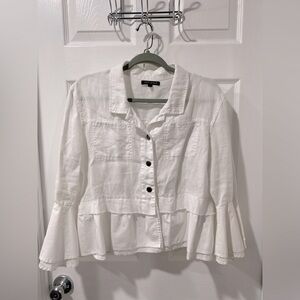 For Cynthia women’s linen jacket, size M, white, bell sleeves, pretty details.